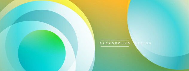 Abstract design features overlapping circles. Colors blend from yellow, green, to blue. Modern aesthetic, suitable for backgrounds.