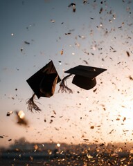Graduation caps tossed in air with confetti at sunset celebration success achievement ceremony education future