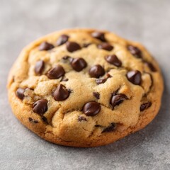 Close up of a delicious chocolate chip cookie on a gray surface studio shot food photography style single cookie