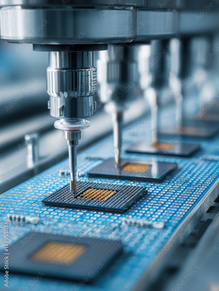 Aufkleber automated assembly line precision placement of microchips on circuit board close up industrial techn