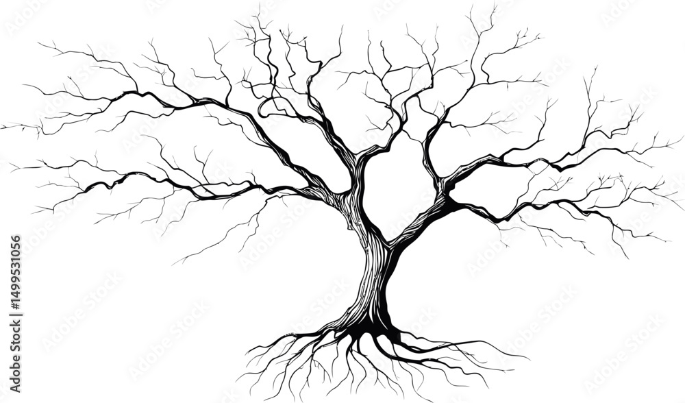 Poster black and white illustration of a bare tree with intricate branches and roots. vector illustration