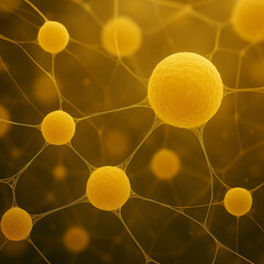 Abstract representation of yellow cells interconnected by fine strands. The image illustrates a microscopic view of cellular structures, emphasizing biological themes.