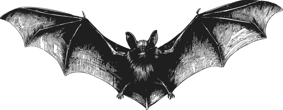 Hand-drawn black and white illustration of a bat with outstretched wings. Vector illustration