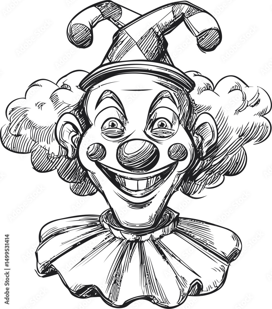 Poster pencil sketch of a smiling clown with curly hair and jester hat in black and white. vector illustrat