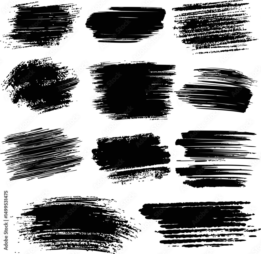 Poster set of black ink brush strokes creating various textured patterns on white. vector illustration