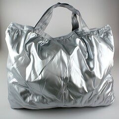 Shiny metallic silver tote bag with soft folds and comfortable handles