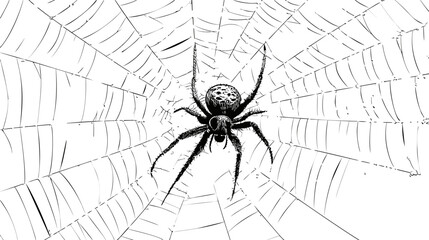 Obraz premium Black and white illustration of a spider in its web, highly detailed sketch. Vector illustration