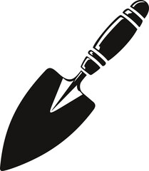 Black silhouette of garden trowel with wooden handle in artistic design. Vector illustration