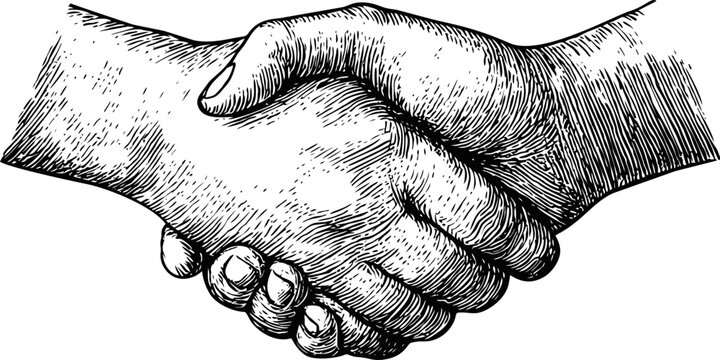 Detailed black and white sketch of a handshake between two hands. Vector illustration
