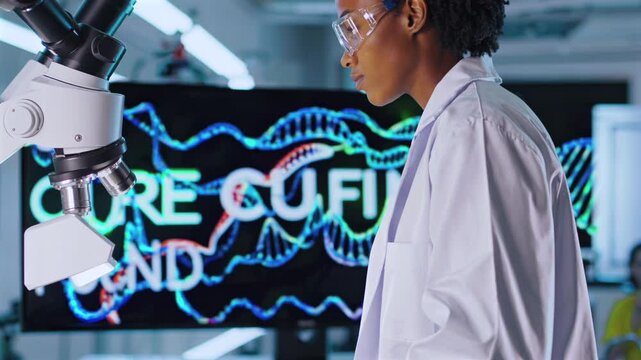 Afro American Scientist studies digital strands under glowing light in futuristic lab, abstract DNA visuals on screen pulsing behind, revealing breakthrough cure coded in vibrant neural patterns.