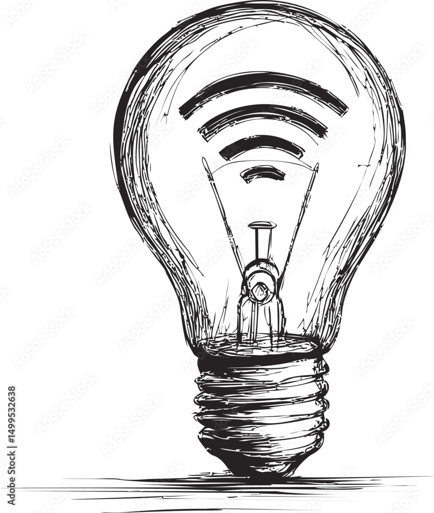 Aufkleber sketch of a light bulb with wifi symbol in monochrome concept artwork. vector illustration