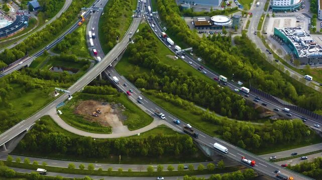Aerial view of the autobahn triangle Leonberg in Germany on a sunny spring day