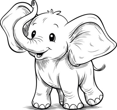Adorable baby elephant sketch with big ears and a happy expression, cartoon style. Vector illustration