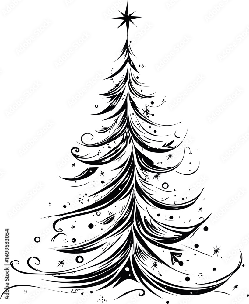 Aufkleber artistic black and white abstract christmas tree illustration with swirling patterns. vector illustr