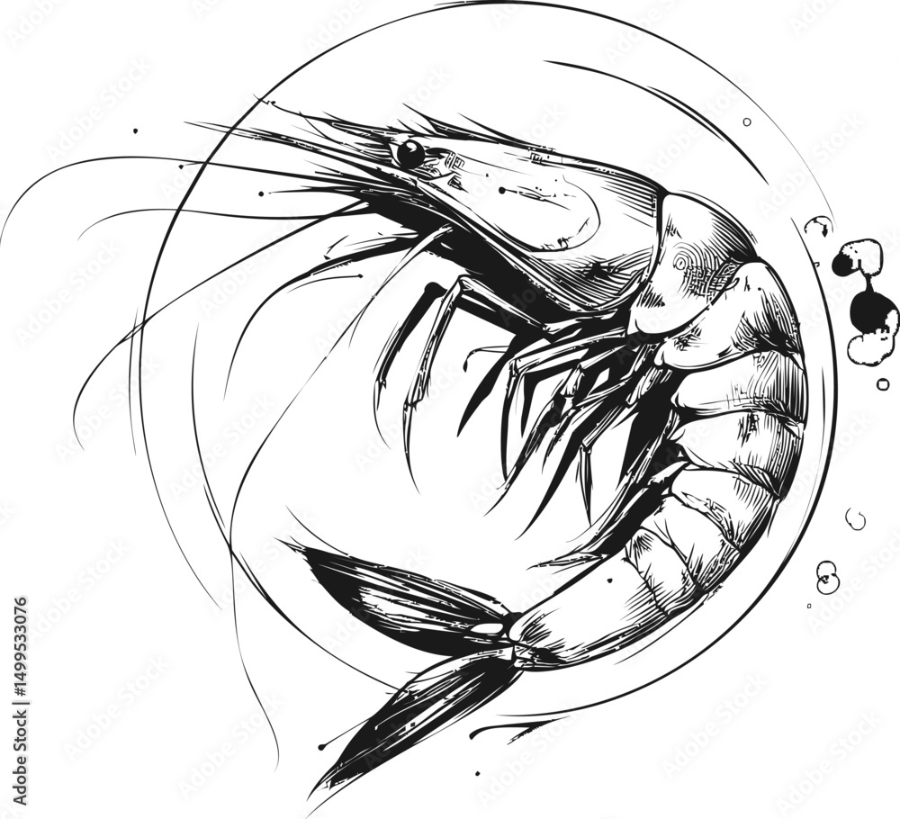 Poster black and white sketch of a shrimp in circular motion, ink line art style. vector illustration