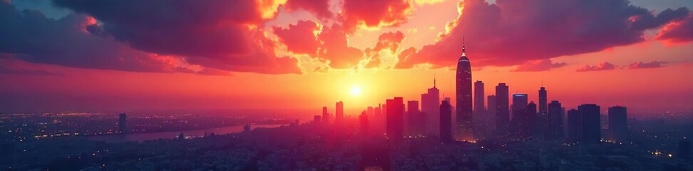 Fototapeta premium Silhouetted cityscape at dawn, futuristic architecture reaching towards a vibrant, colorful sky, symbolizing hope and a new era of faith , tomorrow, colorful, architecture