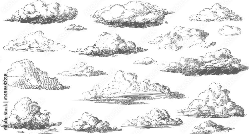 Poster hand-drawn sketch of various clouds in different styles, monochrome illustration. vector illustratio