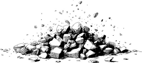 A pile of scattered rocks in black and white sketch style, dynamic illustration. Vector illustration