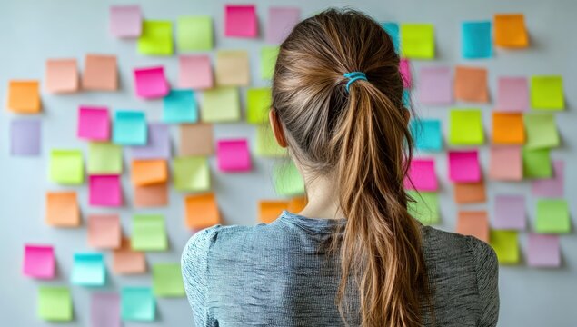 Woman facing a wall covered in colorful sticky notes