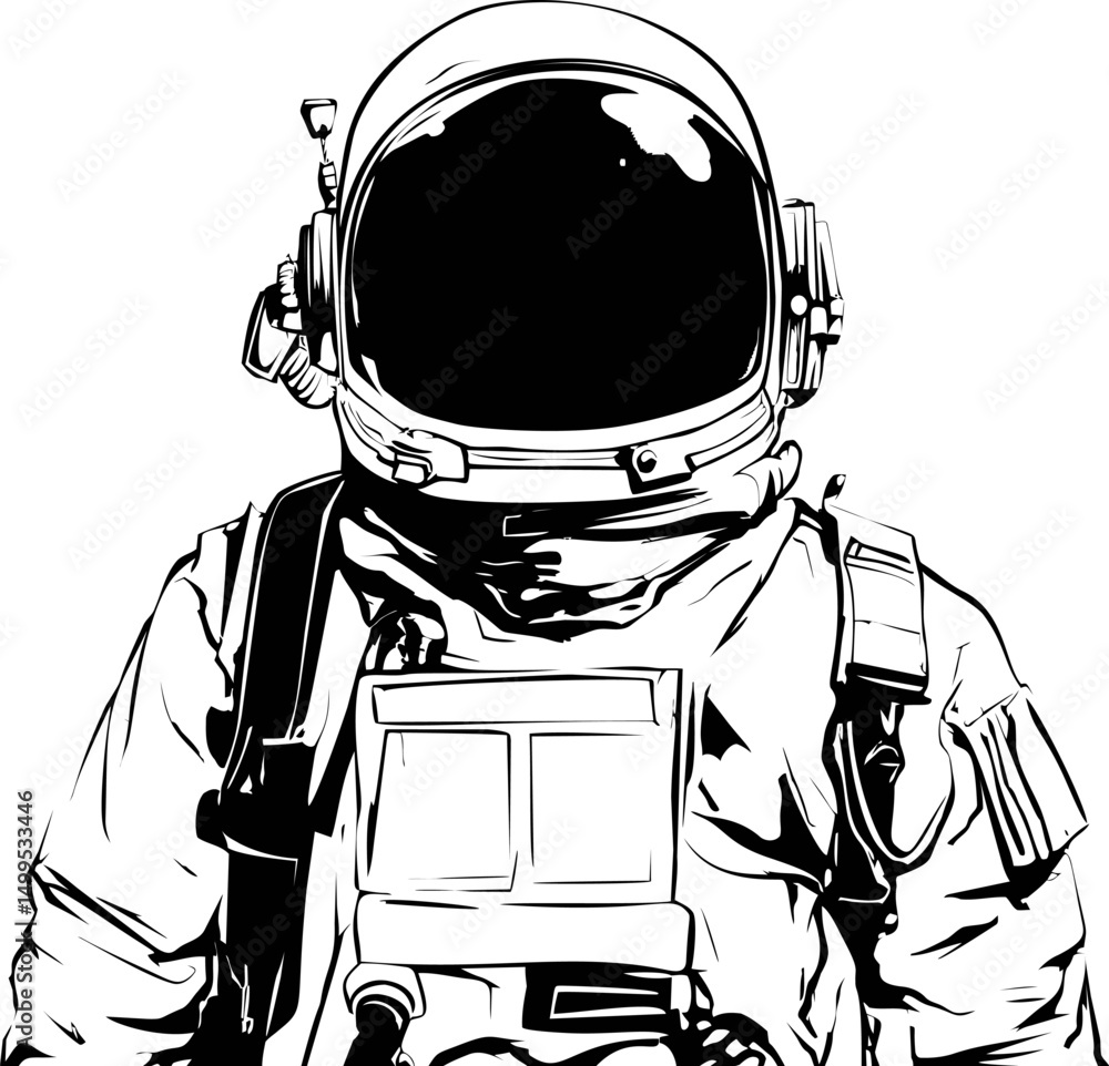 Poster black and white illustration of an astronaut in a spacesuit with helmet. vector illustration