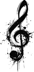 Black ink paint splatter forming a treble clef, abstract art. Vector illustration