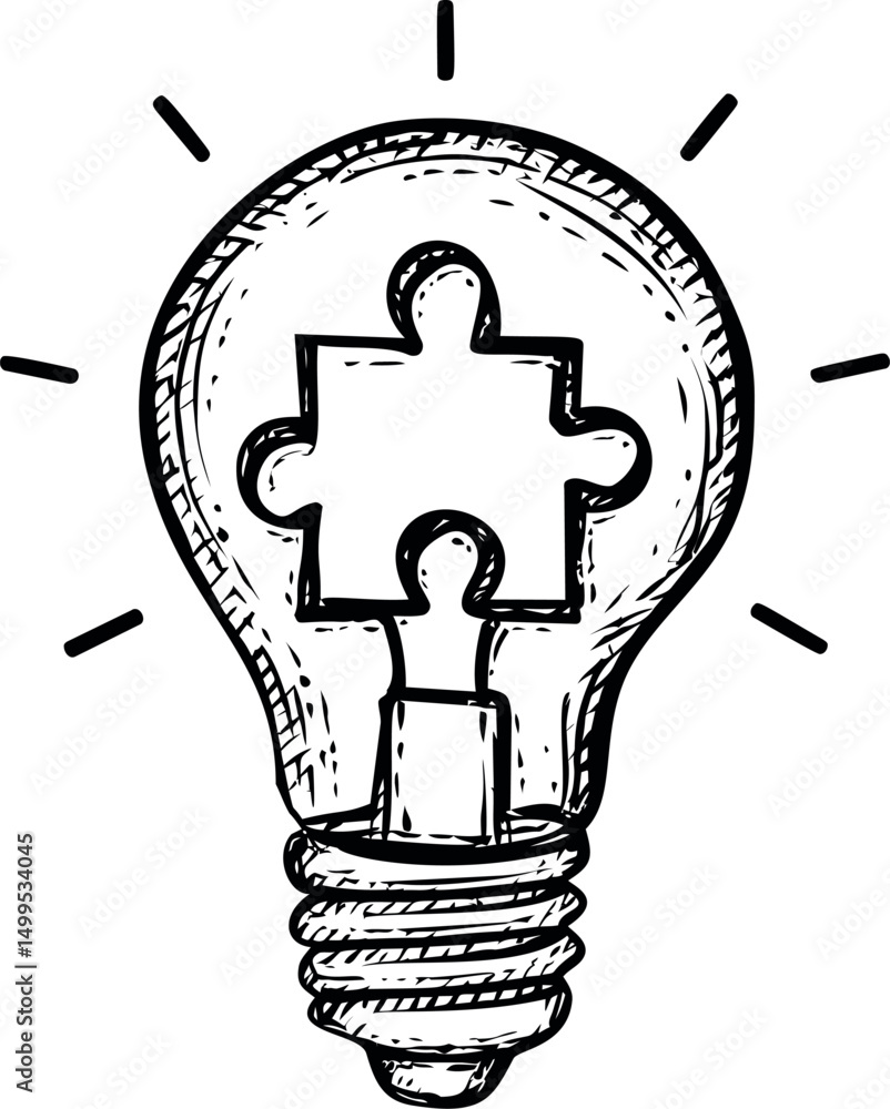 Poster hand-drawn light bulb with puzzle piece inside as concept of ideas in ink sketch. vector illustratio