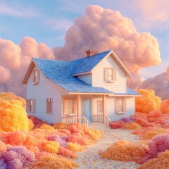 Whimsical house surrounded by colorful bushes under a pastel sky dreamy cottagecore scene eye-level view