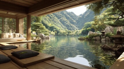 Serene Japanese Villa Overlooking Lake and Mountains Relaxing Tranquil Retreat with Wooden Deck and Cushions Landscape View