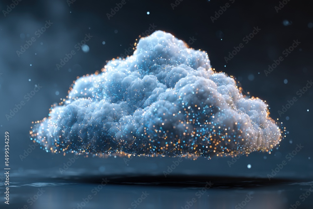 Poster digital cloud computing concept with glowing particles and water reflection abstract technology back