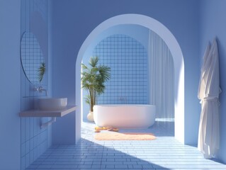 Serene blue bathroom interior with bathtub, sink, and plant, archway view, modern design, minimalist style, bright light