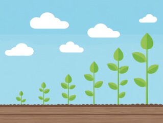 Fototapeta premium Seedlings Growing in Soil Illustration Showing Growth Stages Against Blue Sky and Clouds Flat Lay