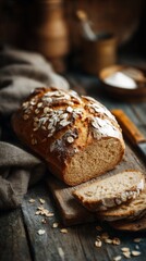 Rustic Loaf of Oat Bread Sliced on Wooden Board Still Life Food Photography Close Up Delicious Homemade Baked Good