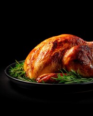 Roasted turkey presentation on black plate with rosemary sprigs against dark background studio shot for Thanksgiving dinner