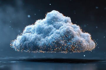 Digital Cloud Computing Concept with Glowing Particles and Water Reflection Abstract Technology Background