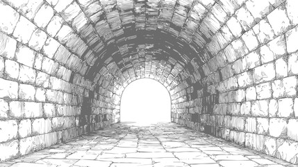 Brick tunnel with light at the end, intricate sketch in black and white. Vector illustration