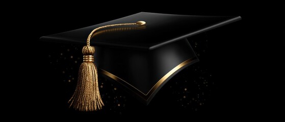 Graduation Cap in Black and Gold on Black Background Studio Shot Close Up Academic Achievement