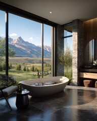 Luxury Bathroom Interior with Mountain View Bathtub Relaxation Serene Spa Retreat Modern Design Stone Wall Natural Light Window Scenic Landscape