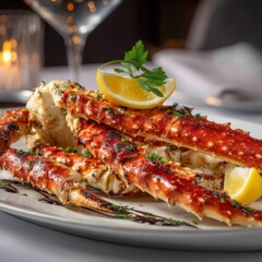 Grilled Alaskan King Crab Legs Served on White Plate Garnished with Lemon and Parsley Close Up Food Shot