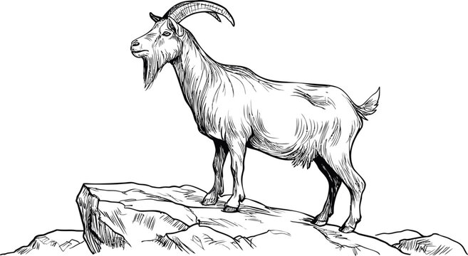 Line drawing of a goat standing on a rock with detailed features. Vector illustration