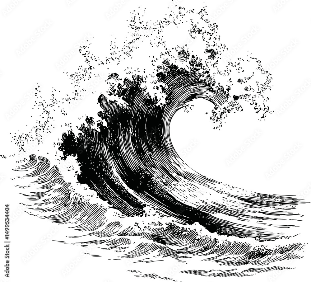 Aufkleber intricate black and white drawing of a large ocean wave with dynamic motion. vector illustration