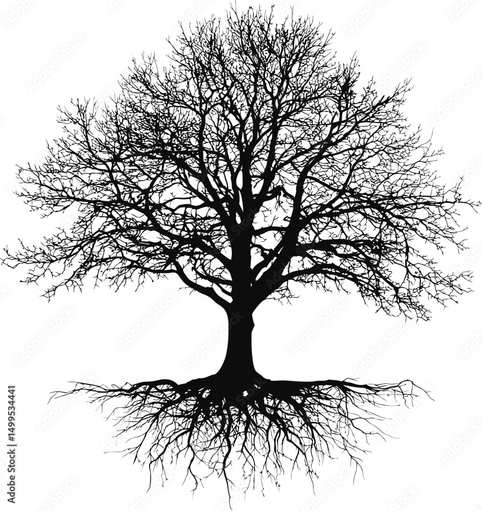 Poster silhouette of a large tree with roots, symbol of life. vector illustration