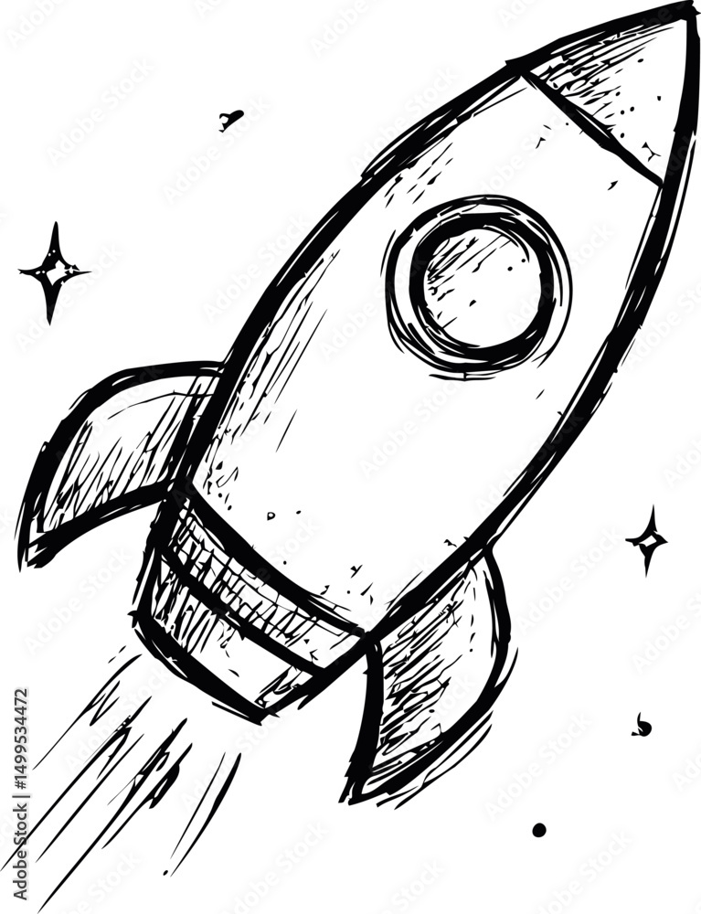 Poster hand-drawn sketch of a flying rocket ship with stars in the background. vector illustration