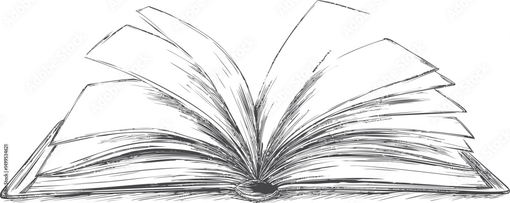 Aufkleber hand-drawn black and white sketch of an open book with turning pages. vector illustration