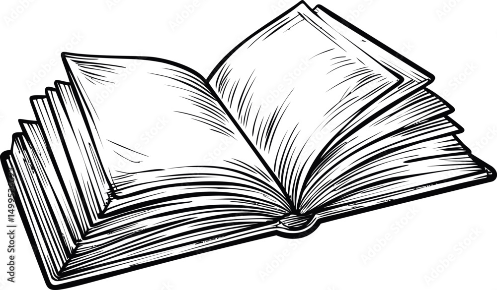 Poster monochrome sketch of an open book with visible pages, black and white illustration. vector illustrat