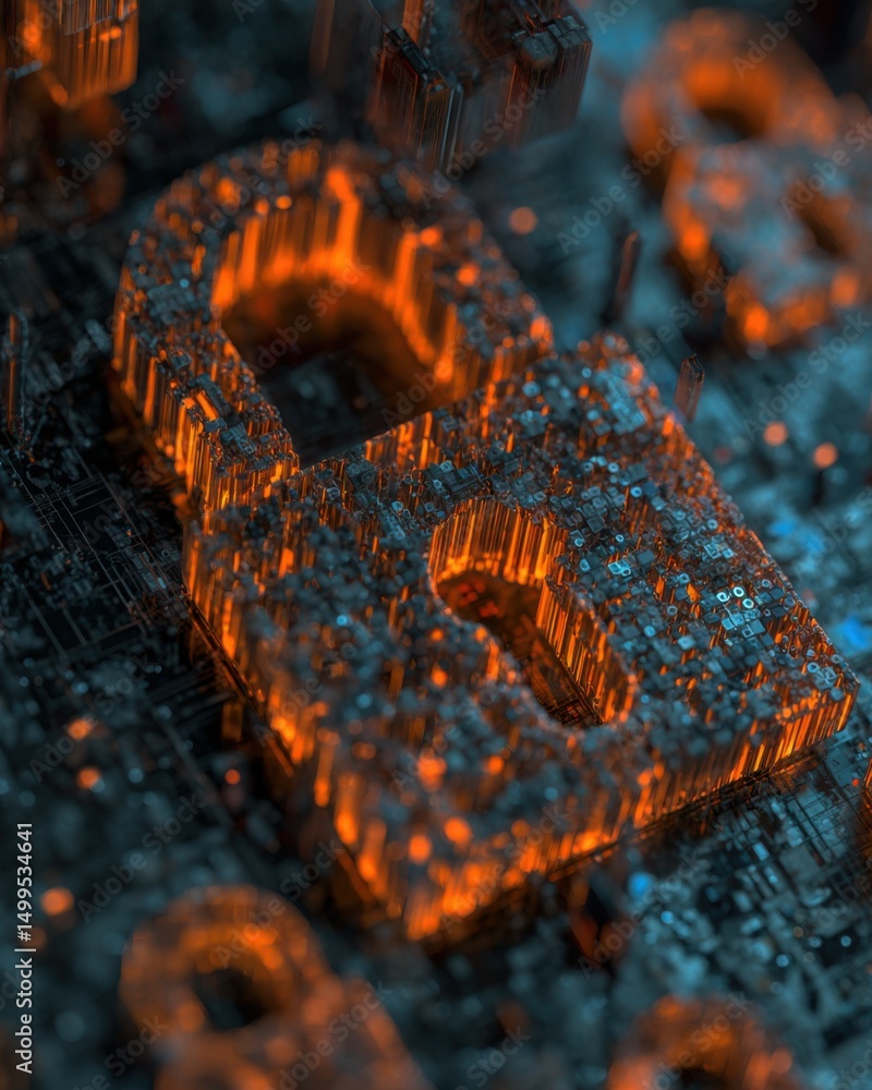 Poster digital padlock security concept close up macro shot of glowing orange lock on circuit board backgro