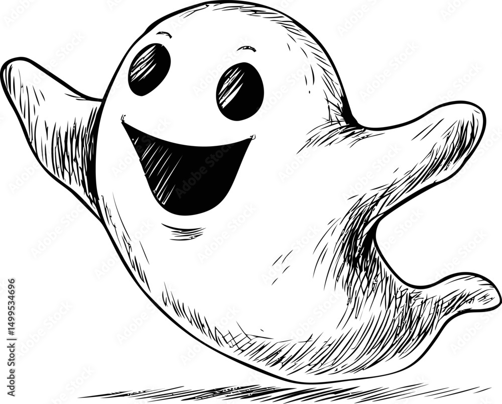 Poster cheerful cartoon ghost sketch with a big smile and open arms in black and white. vector illustration