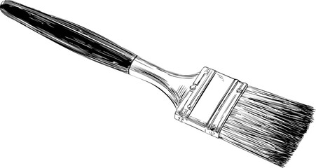 Black and white illustration of a paintbrush with detailed bristles and handle. Vector illustration