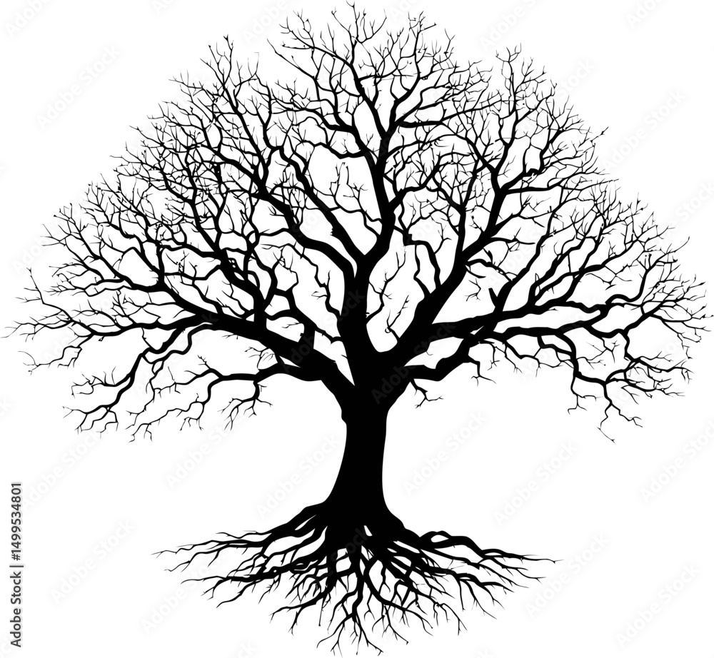 Aufkleber silhouette of a leafless tree with intricate branches and roots. vector illustration