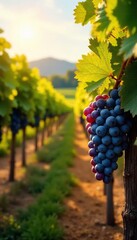 Sun-drenched rows of ripening grapes hang heavy on the vine, ready for harvest in a picturesque vineyard Golden sunlight bathes the landscape, promising a bountiful vintage , ripening, organic