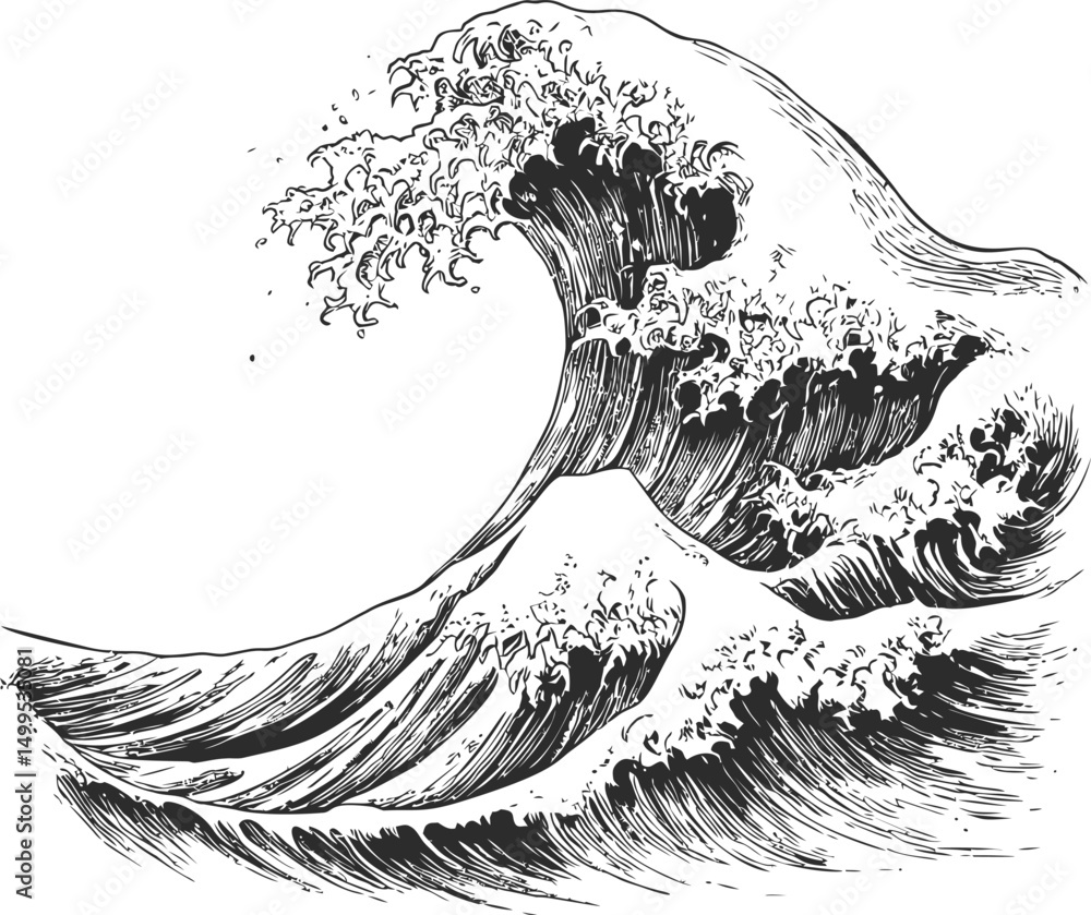 Aufkleber intricate black ink sketch of a crashing ocean wave. vector illustration